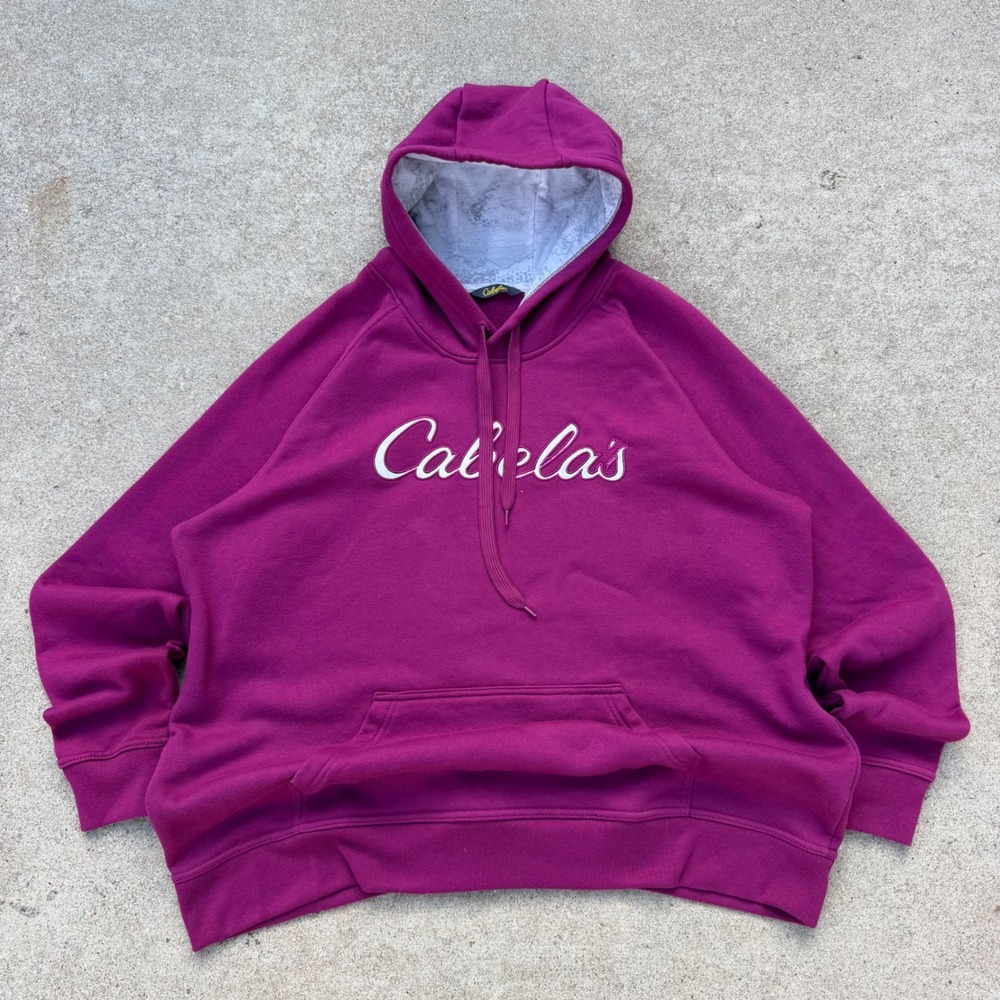 Cabelas Mens 2XL Purple Script Logo Hoodie Raglan Fleece Sweatshirt Map Lining